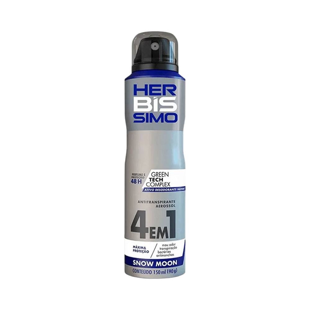 Desodorante Aerosol Herbíssimo 4 em 1 Snow Moon 150ml embalagem prata com detalhes em azul escuro